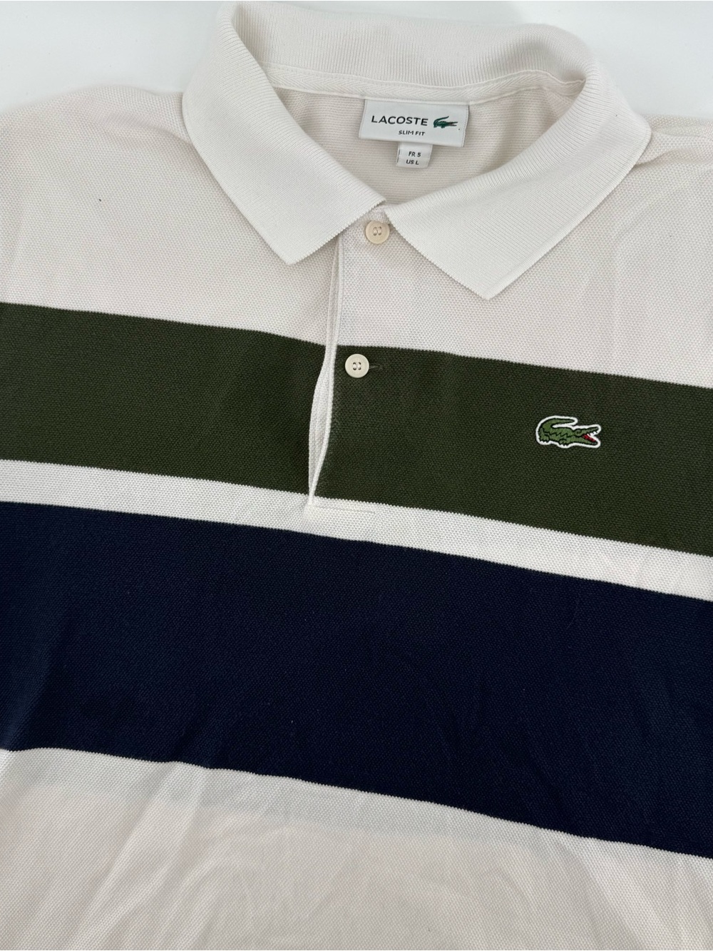 Lacoste Slim Fit Colorblock Pique Polo Shirt Mens L ShortSleeve Green Navy White